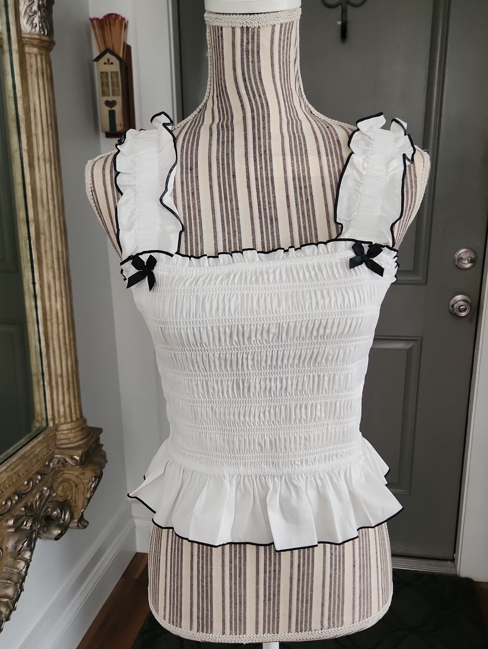 White Ruffled Smocked Tank with Black Trim